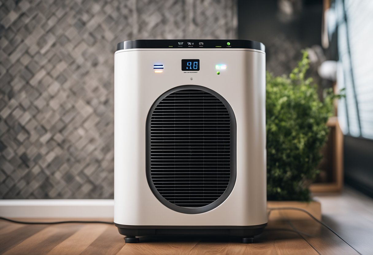 An air purifier plugged into a power outlet with an electric meter displaying the energy consumption in kilowatt-hours