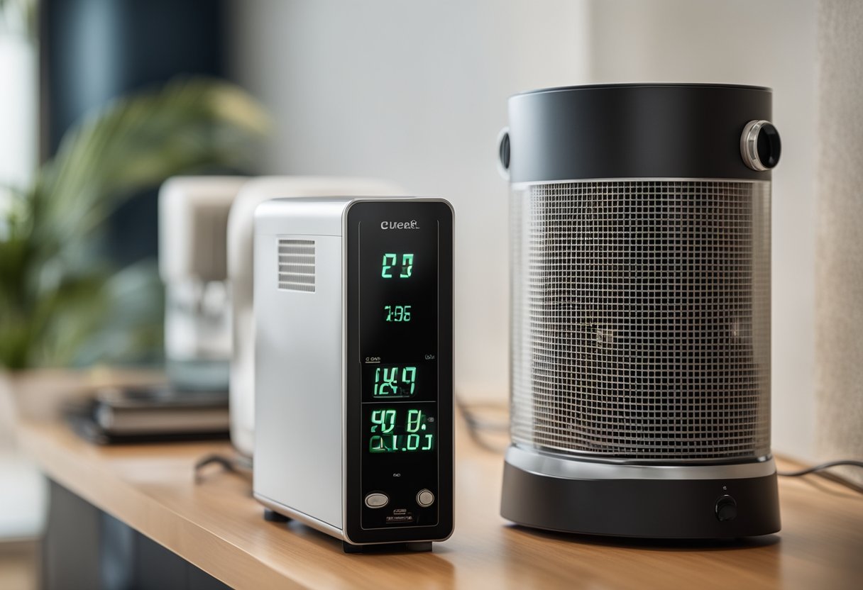 An air purifier plugged into a power outlet with a digital electricity usage meter next to it